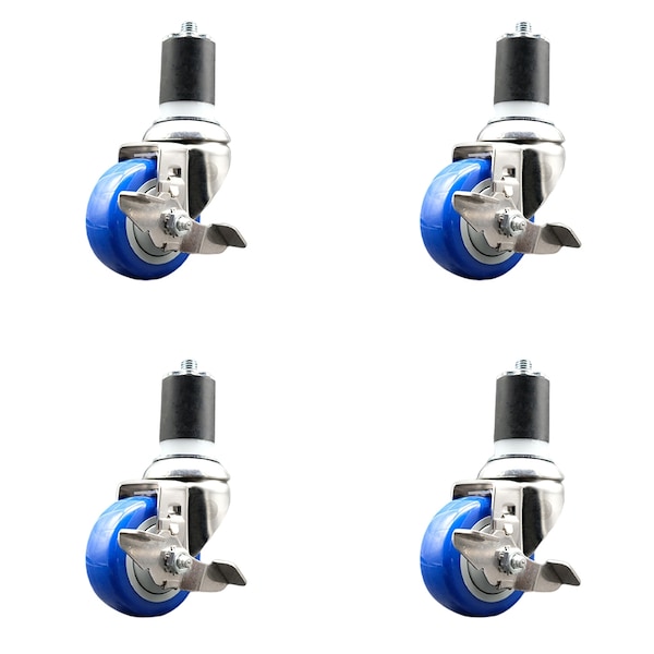 Service Caster 3.5 Inch 316SS Blue Poly Swivel 1-7/8 Inch Expanding Stem Caster Set Brake SCC SS316EX20S3514-PPUB-BLUE-TLB-178-4 - main